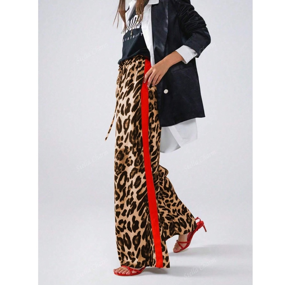 Leopard Cheetah Animal Print Red Stripe Faux Tie Front Loose Wide Pants - Picture 4 of 8